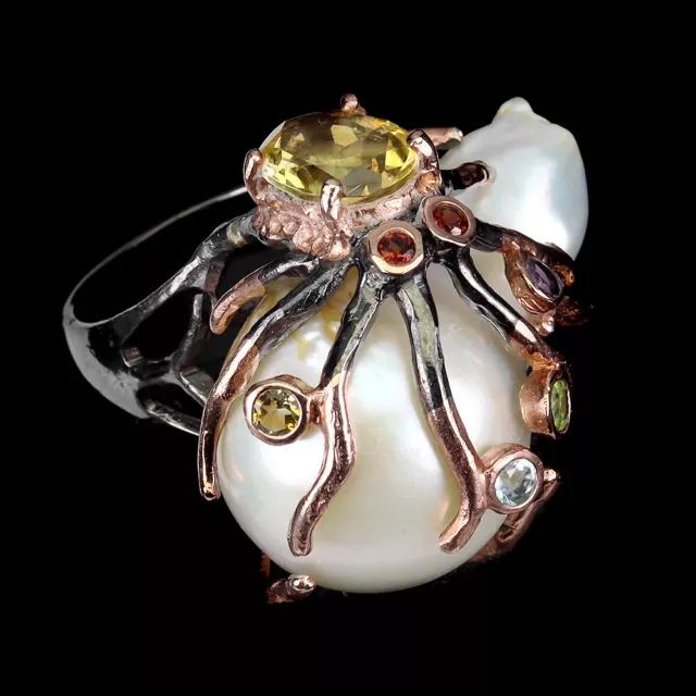 Baroque Pearl 35x21mm Amethyst Citrine Gems 925 Sterling Silver Octopus Ring 9