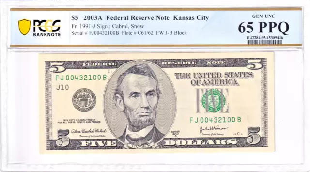 2003A $5 FRN PCGS 65PPQ Fancy PARTIAL REVERSE LADDER BOOKEND Serial #FJ00432100B