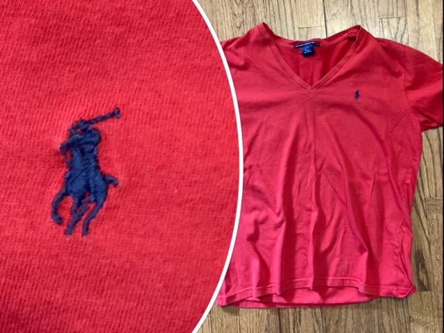 Women’s Ralph Lauren Sport T-Shirt Red V Neck Pony Logo Short Sleeve Size Large