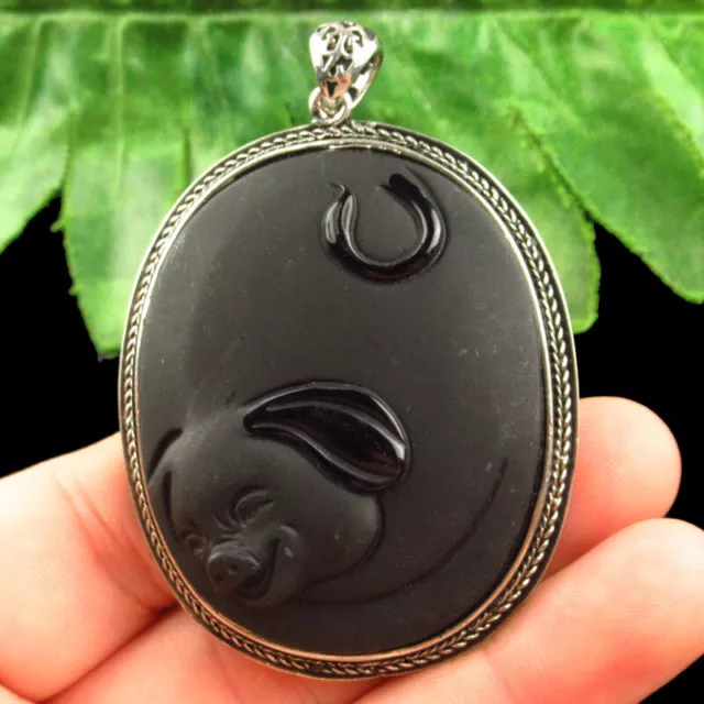 B69607 Wrapped Carved Black Obsidian Pig Oval Pendant Bead 58x45x10mm