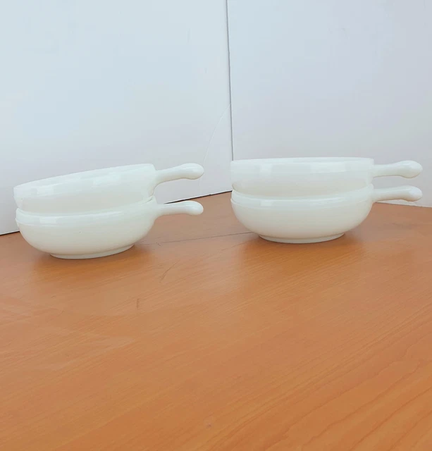 4 GLASBAKE WHITE Milk Glass Soup Dessert Bowls Dishes With Handles Oven