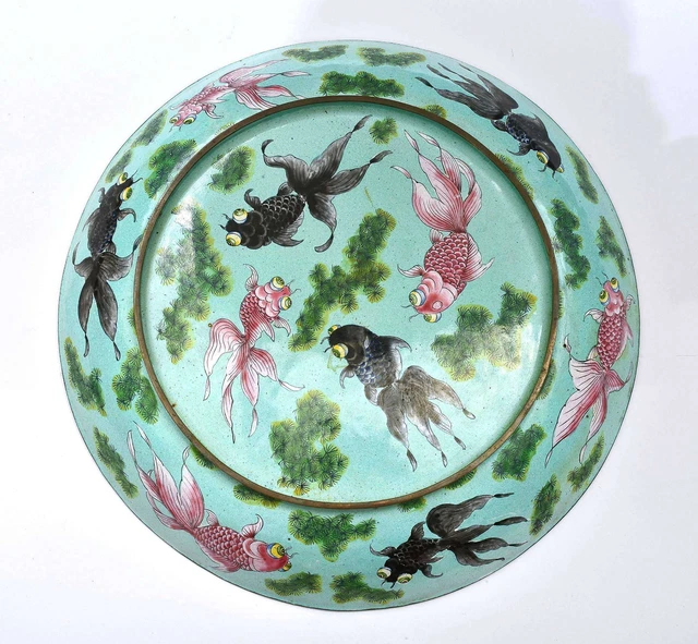 1930'S CHINESE CANTON Enamel Enameled Goldfish Fish Plate 10.4