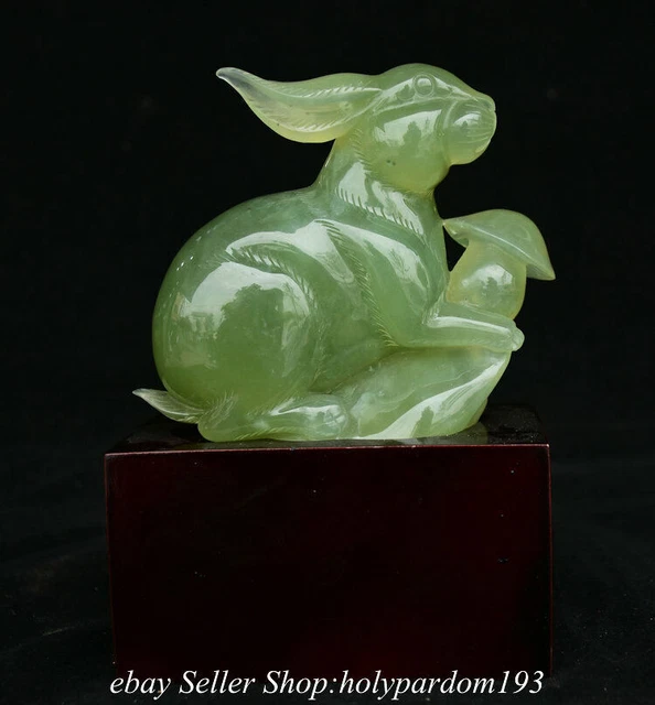 6" Chinese Natural Xiu Jade Carving Fengshui 12 Zodiac Year Rabbit Statue