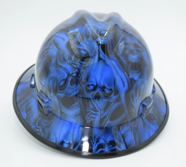 Made in USA MSA Wide Brim Hard Hat Hydro Dipped in Candy Blue 3 Evil Skulls