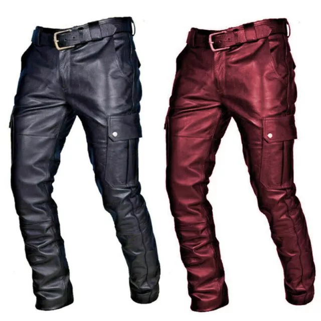 Uomo Vera Pelle Pantaloni Jeans Steampunk Gotico Moto Tasche Pantaloni  ♪