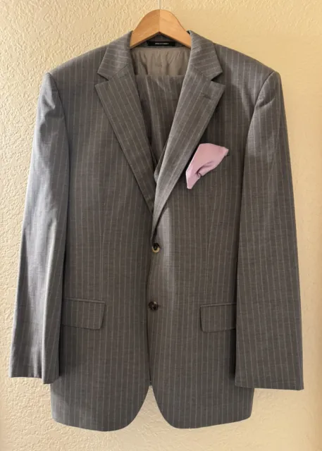 Hugo Boss Selection 3 Piece Men’s Suit Gray Striped 42R Flat Front Pants 33X31