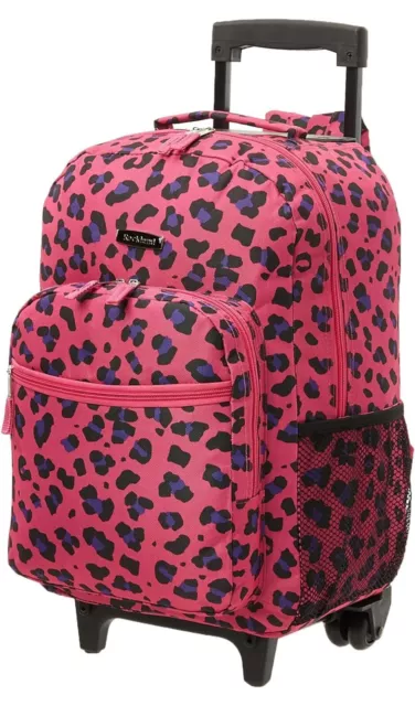 Rockland Double Handle Rolling Backpack, Magenta Leopard, 17"x13"x10" MSRP $80
