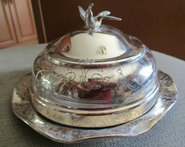 Vtg. Monarch Brand  Silver Plate W/Glass Liner Butter Dish  Bird Finial