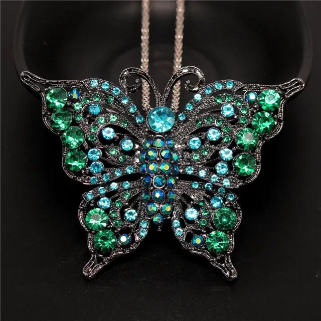 Betsey Johnson Bling Blue AB Rhinestone Butterfly Crystal Pendant Chain Necklace 2