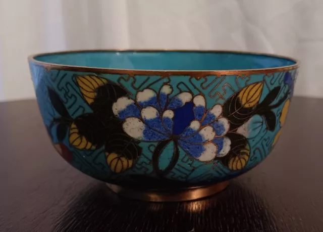 Vintage or Antique OLD Chinese Blue Turquoise Floral Cloisonne  Bowl Handmade 4"