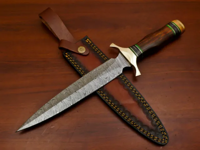 Custom Forged Hand Made Damascus Blade Dagger - Rose/Pakka Wood/Brass - Hb-564