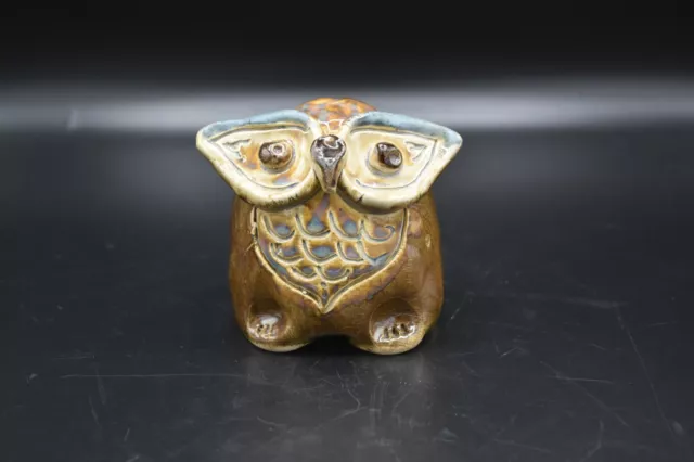 Shades of Brown w/ Blue Gray Accents Studio Art Pottery OWL Sculpture Unsigned