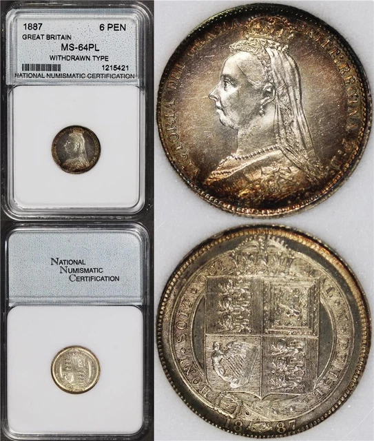 1887 Great Britain 6 pence Silver coin - withdrawn type; Queen Victoria; Rainbow 1887 Great Britain 6 pence Silver coin - withdrawn type; Queen Victoria; Rainbow