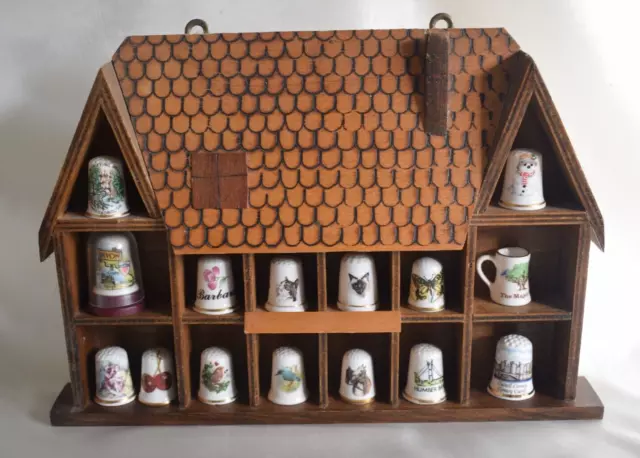 Vintage Decorative Bone China England Thimbles In Wooden House.