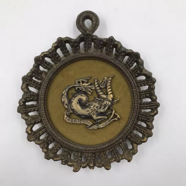 Vintage Brass Capricorn Zodiac Sign Wall Plaque 4 1/4 in Diameter Art Deco Goat