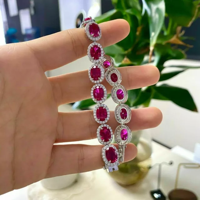 15 Ct Oval Cut Red Ruby And Round Diamond Tennis Bracelet 14K White Gold Over