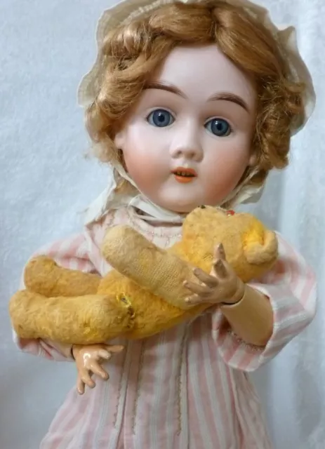 ANTIQUE MAX HANDWERCK GERMAN BISQUE DOLL, 1900's, DRESSED DOLL with TEDDY BEAR