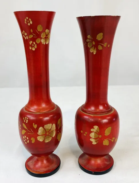 2 Vtg Turned Hand Carved Etched Red Wood Vases House of Oppenheim Juarez Mexico