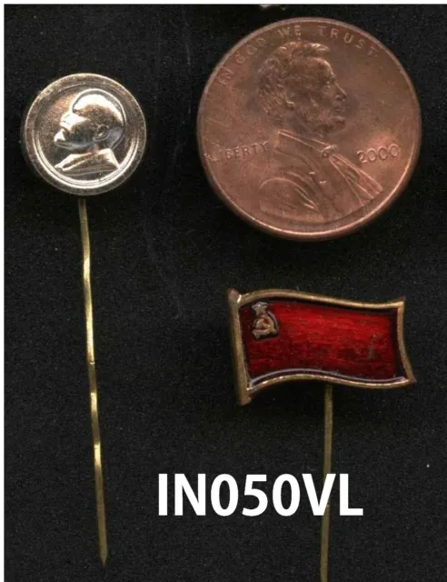 Vintage Soviet Russian Communist Vladimir Lenin MINI Pin back CIRCLE @ Red FLAG