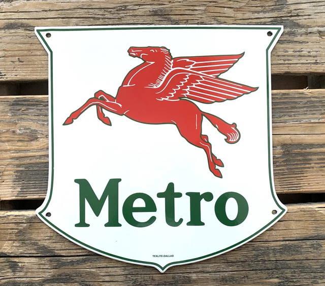 VINTAGE METRO MOBILGAS Pegasus Red Horse Gasoline Porcelain Gas Motor ...