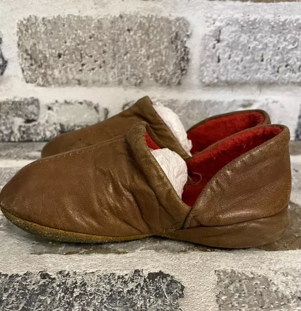 Vintage Antique Child’s Brown Leather Opera Aristocrat Slippers Red Fleece Lined