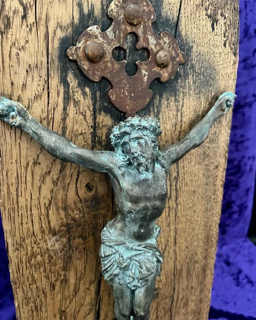 ANTIQUE MEMENTO MORI Corpus Christi, Solid Oak, Bronze Plinth Skull ...