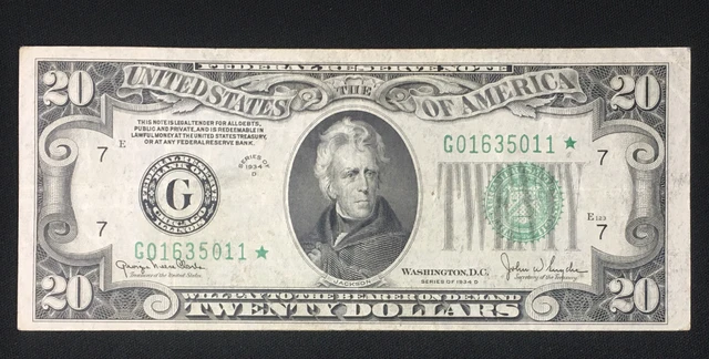 1934-D $20 STAR Fed. Reserve Note FR 2058-D* Green Seal Serial # G01635011*