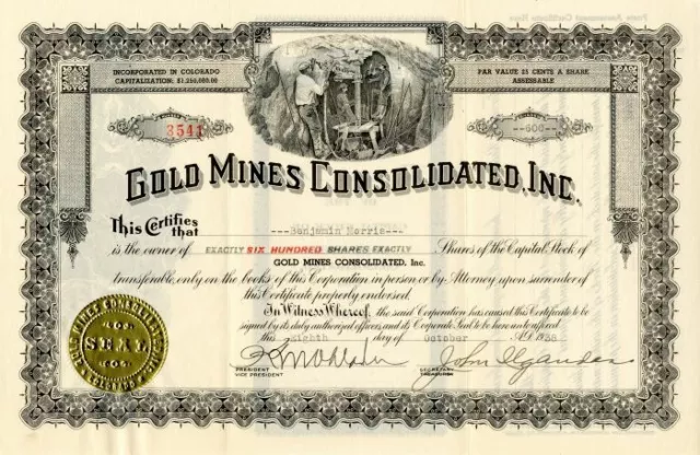 Gold Mines Consolidated, Inc. - Stock Certificate - Mining Stocks