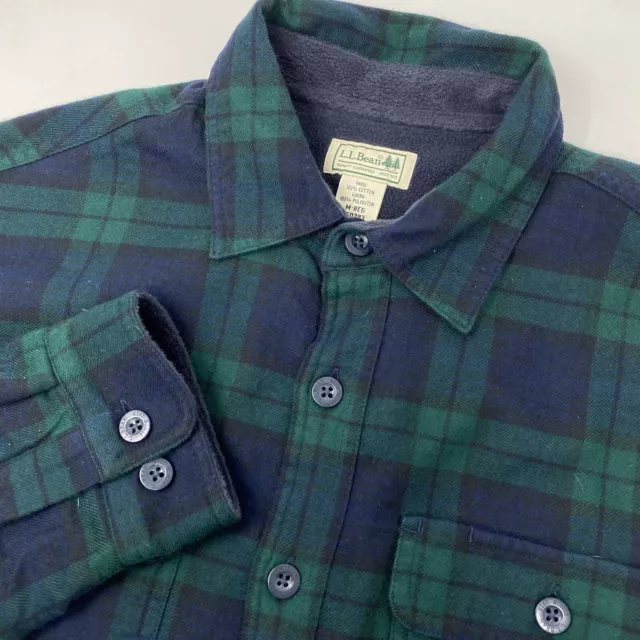 LL Bean Men's Medium Blue Green Plaid Fleece Lined Flannel Shirt