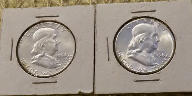 2 Franklin Half Dollars Near  UNC   1962, 1958        #50A