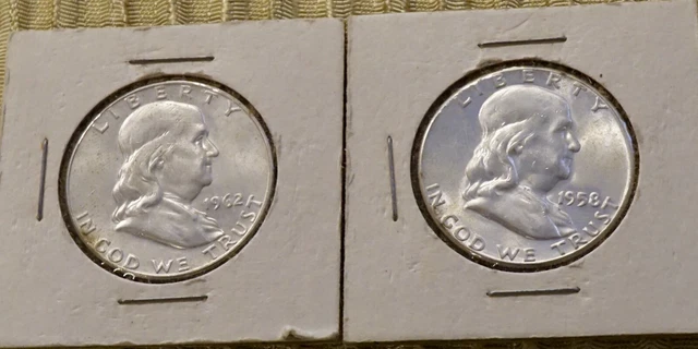 2 Franklin Half Dollars Near  UNC   1962, 1958        #50A