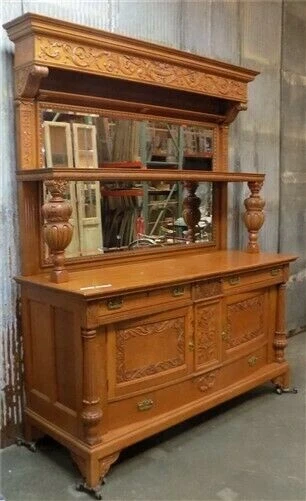 Oak Sideboard Buffet Vintage Dining Room Table Server Mirror, Cupboard Dresser