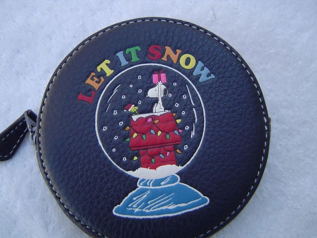 New Authentic Coach Denim Leather Snoopy Let It Snow Round Change Purse #Cf246