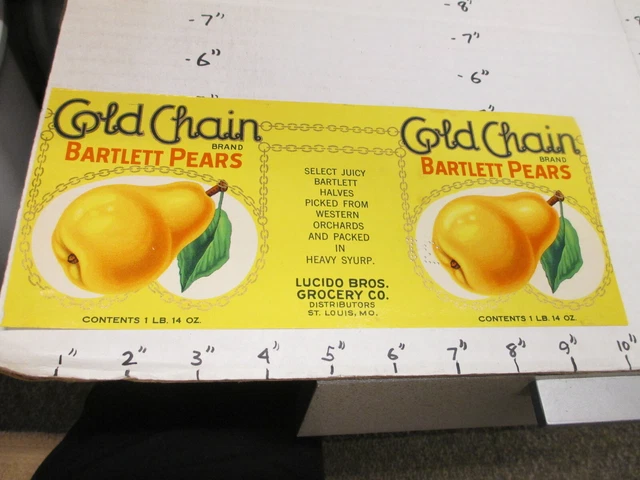GOLD CHAIN bartlett pears fruit 1930s metal tin can food paper label Ludico Bros