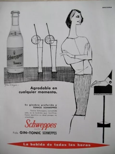Publicite De Presse Schweppes Gin Tonic Illustrateur Garbayo Spanish Ad 1962