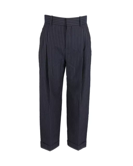 Chloé Pleated Pinstripe Ankle Trousers in Navy Blue Virgin Wool