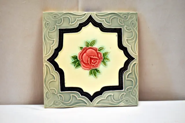 Antique Tile Japan Majolica DK Brand Art Nouveau Ceramic Rose Flower Design "S50