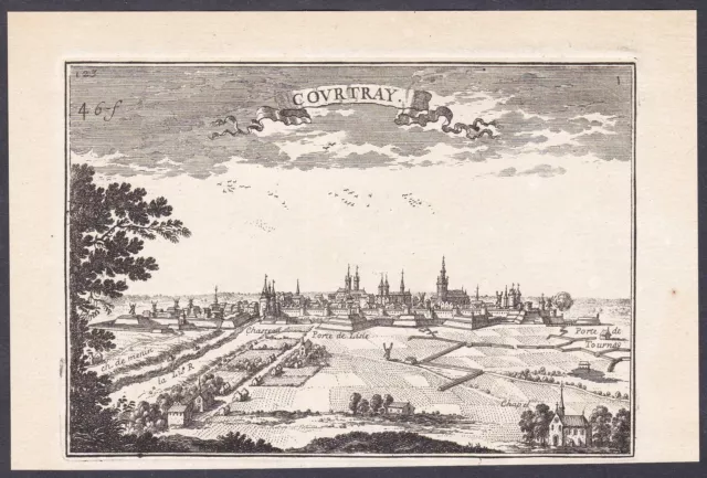 Courtray Kortrijk Menin Menen Vlaanderen Belgique Gravure Vue Beaulieu 1680