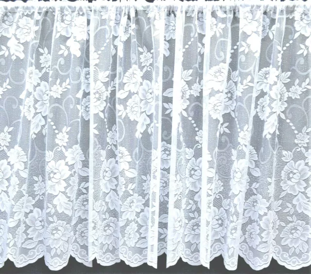 Danielle All Over Floral Straight White Net Curtain With Scalloped Base By Metre