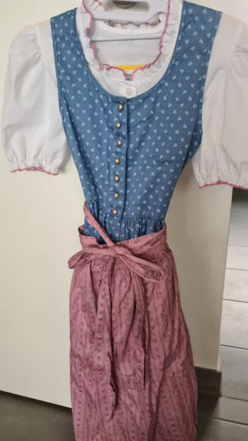 Turi Landhaus Kinder Dirndl Set Bluse Kleid Schürze 146 Blau Rosa