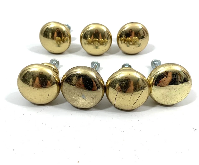 Vintage Lot Of 7 Round Brass Cabinet Knobs Drawer Pulls & Hardware Home Decor