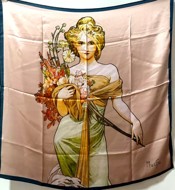 35"x35"Lady with Flower Print Pure Mulberry Satin Silk 12momme Scarf 88x88cm L