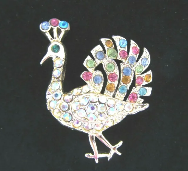 Lovely Vintage Pastel Rhinestone Peacock Brooch Pin