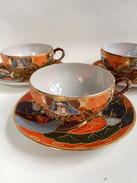 3 Teetassen & UT Japan Dragon Satsuma Moriage vergoldet
