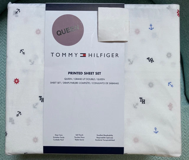 Tommy Hilfiger QUEEN Sheet Set Nautical Anchors Steering Wheel TH Blue White Red