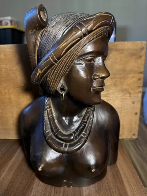 Vintage Hand Carved Wood African Tribal Woman Bust 1950s-1960s Statue 12” Large