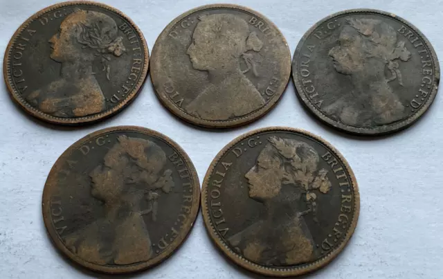 5x 1873 - 1877 VICTORIA Bun Head DATE RUN 1 PENNY COINS BUNDLE LOT 1874 1876 #1