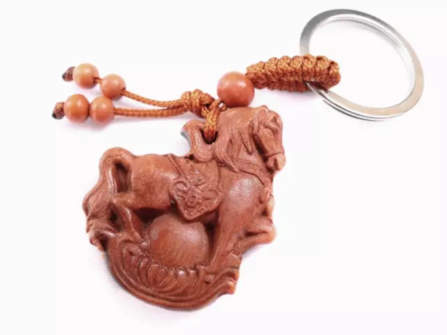 Feng Shui Peach Wood Zodiac Horse Key Ring Chain Amulet Crafts Collection