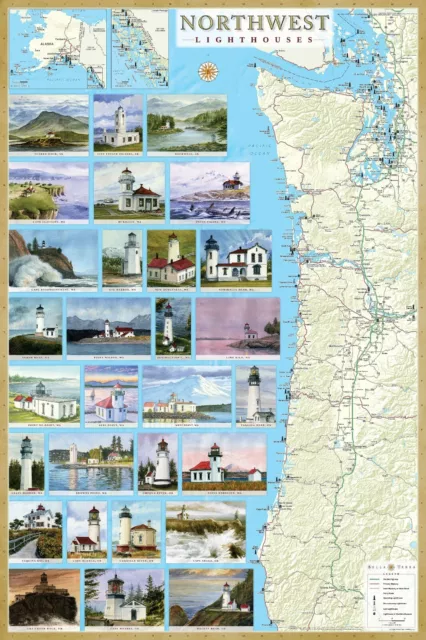 Pacific Northwest Lighthouses Illustrated Map Poster 24x36 Laminated. OR, WA, AK