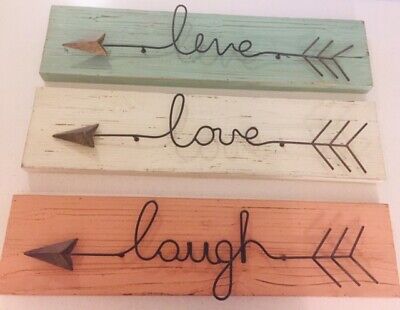 3 Piece Rustic Look Wood & Twisted Cast Iron Arrow Sign Set "Live, Laugh, Love"